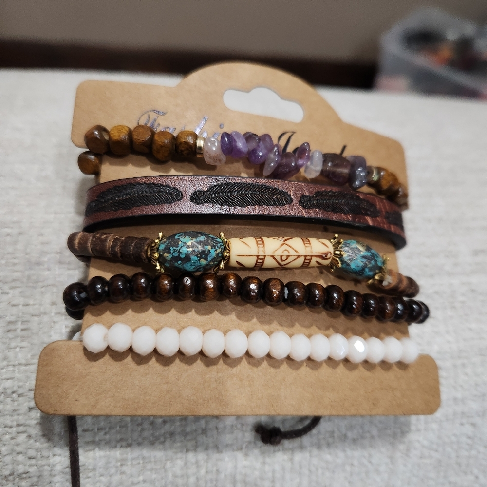 Nwt Womens Multi-Layer Wood, Leather & Beads Bracelet Set